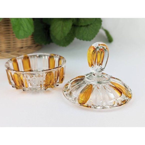 Vintage Amber Flashed Glass Trinket Dish with Lid Cut Glass Lidded Bowl - Picture 4 of 9